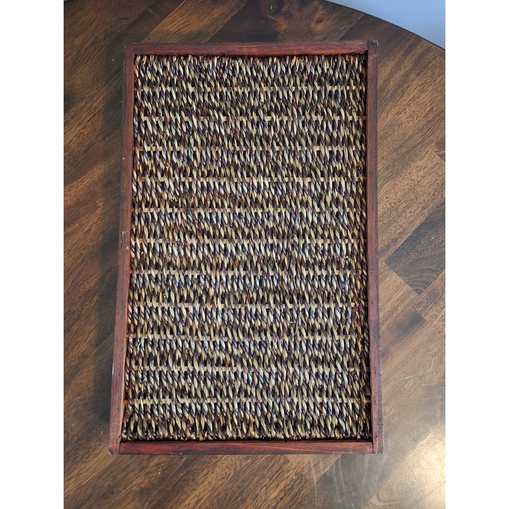 Rustic Wood and Woven Seagrass Serving Tray with Handles Brown Rectangle 17.5in - Picture 4 of 7